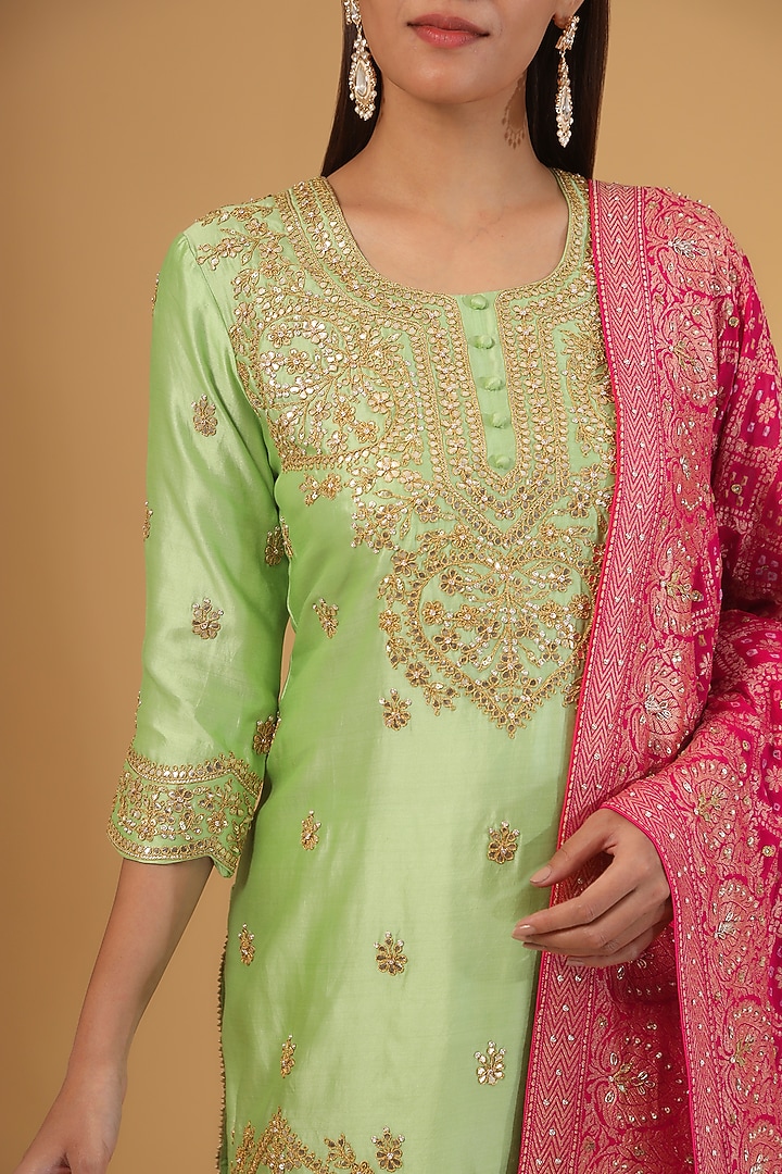 Pista Green Pure Spun Silk Gota Marori Work Wedding Sharara Set by SURBHI SHAH at Pernia's Pop Up Shop