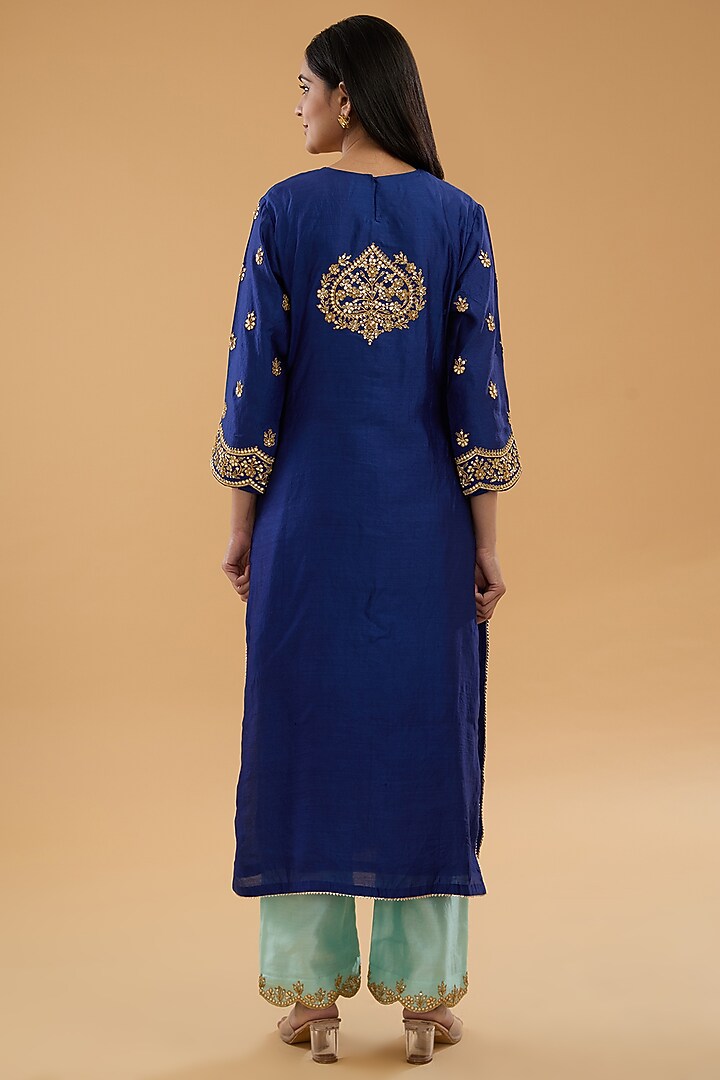 Blue Spun Silk Marori Work Kurta Set by SURBHI SHAH at Pernia's Pop Up Shop