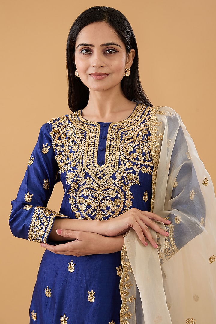 Blue Spun Silk Marori Work Kurta Set by SURBHI SHAH at Pernia's Pop Up Shop