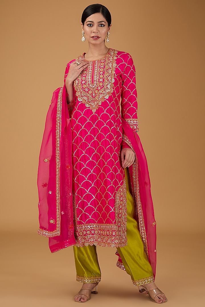 Hot Pink Pure Spun Silk Marori Sequins Work Kurta Set by Surbhi Shah at Pernia's Pop Up Shop