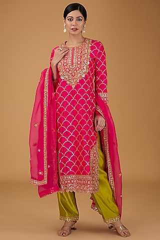 Hot Pink Pure Spun Silk Marori Sequins Work Kurta Set by Surbhi Shah