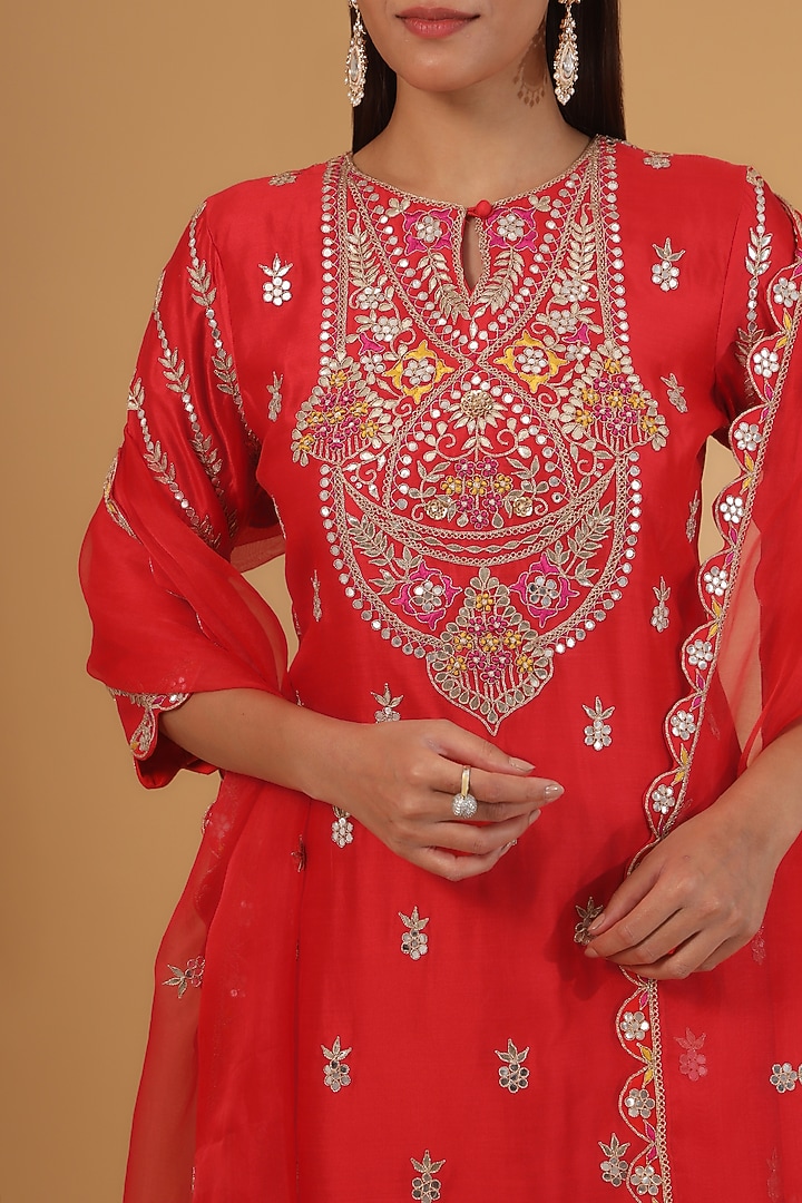 Red Spun Silk Gota Resham Marori Work Kurta Set by SURBHI SHAH at Pernia's Pop Up Shop