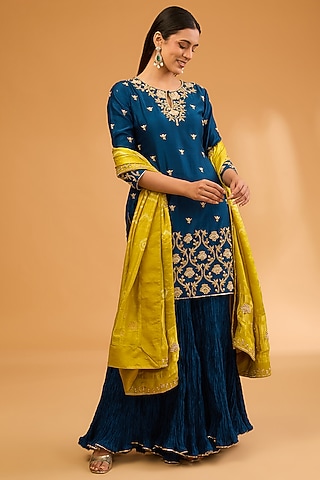 Navy Blue Crush Sharara Set by SURBHI SHAH