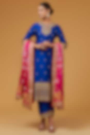 Blue Spun Silk Gota Marodi Work Kurta Set by SURBHI SHAH