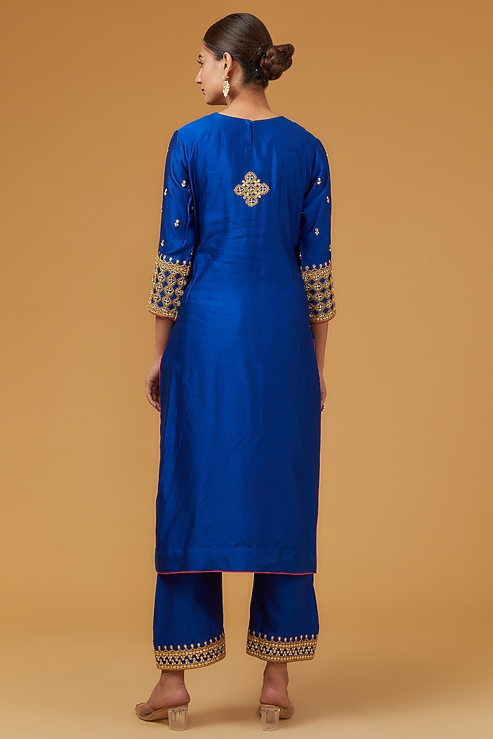 Blue Spun Silk Gota Marodi Work Kurta Set by SURBHI SHAH at Pernia's Pop Up Shop