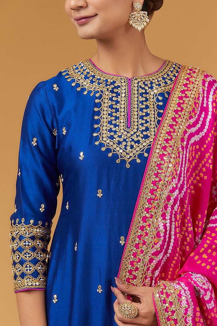 Blue Spun Silk Gota Marodi Work Kurta Set by SURBHI SHAH at Pernia's Pop Up Shop