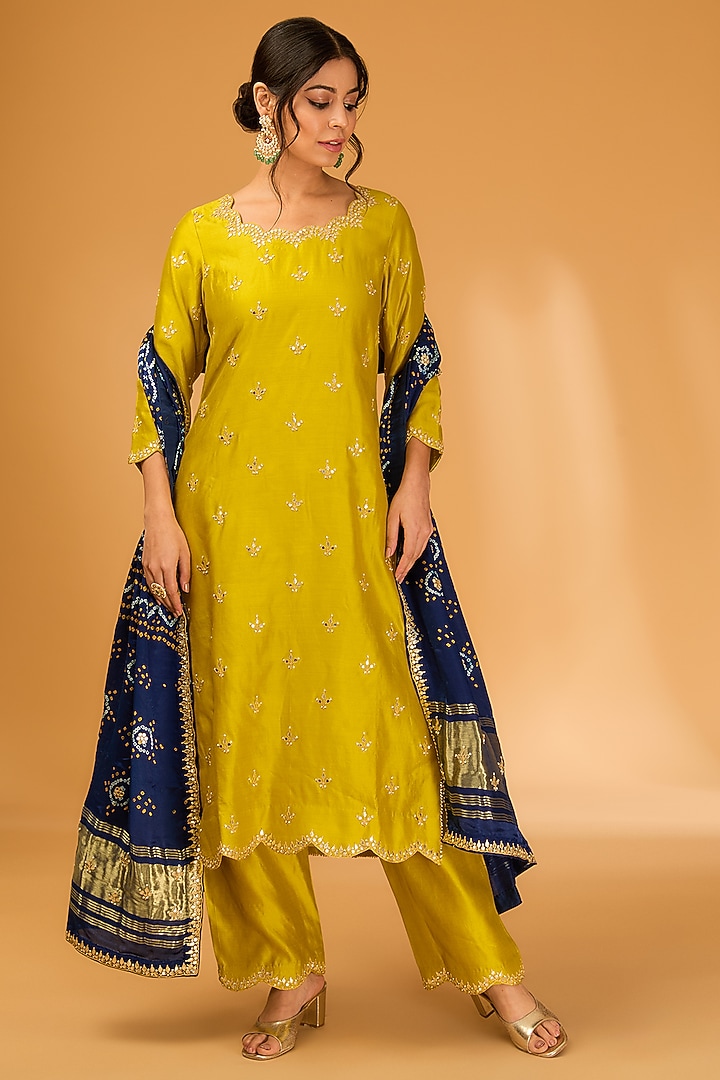 Lime Spun Silk Marori & Gota Embroidered Kurta Set by SURBHI SHAH at Pernia's Pop Up Shop