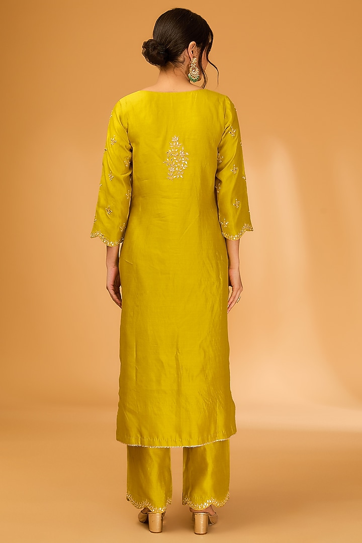 Lime Spun Silk Marori & Gota Embroidered Kurta Set by SURBHI SHAH at Pernia's Pop Up Shop