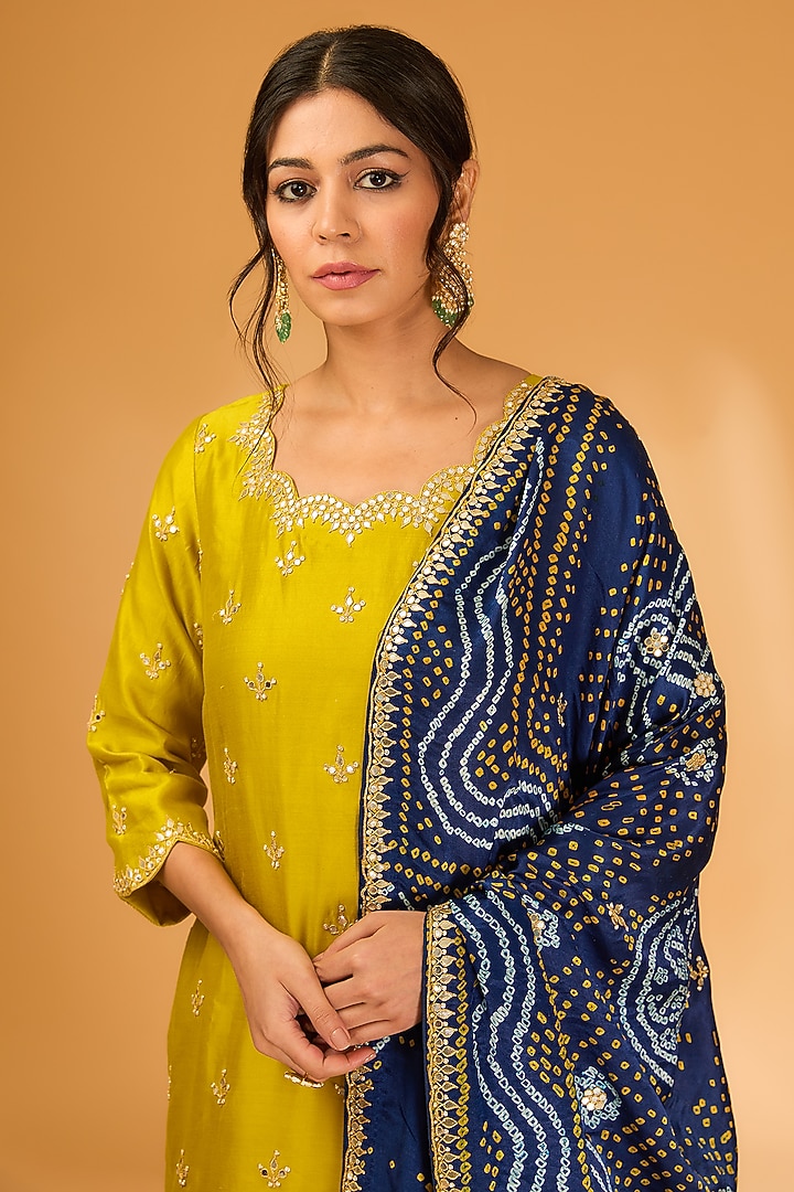 Lime Spun Silk Marori & Gota Embroidered Kurta Set by SURBHI SHAH at Pernia's Pop Up Shop