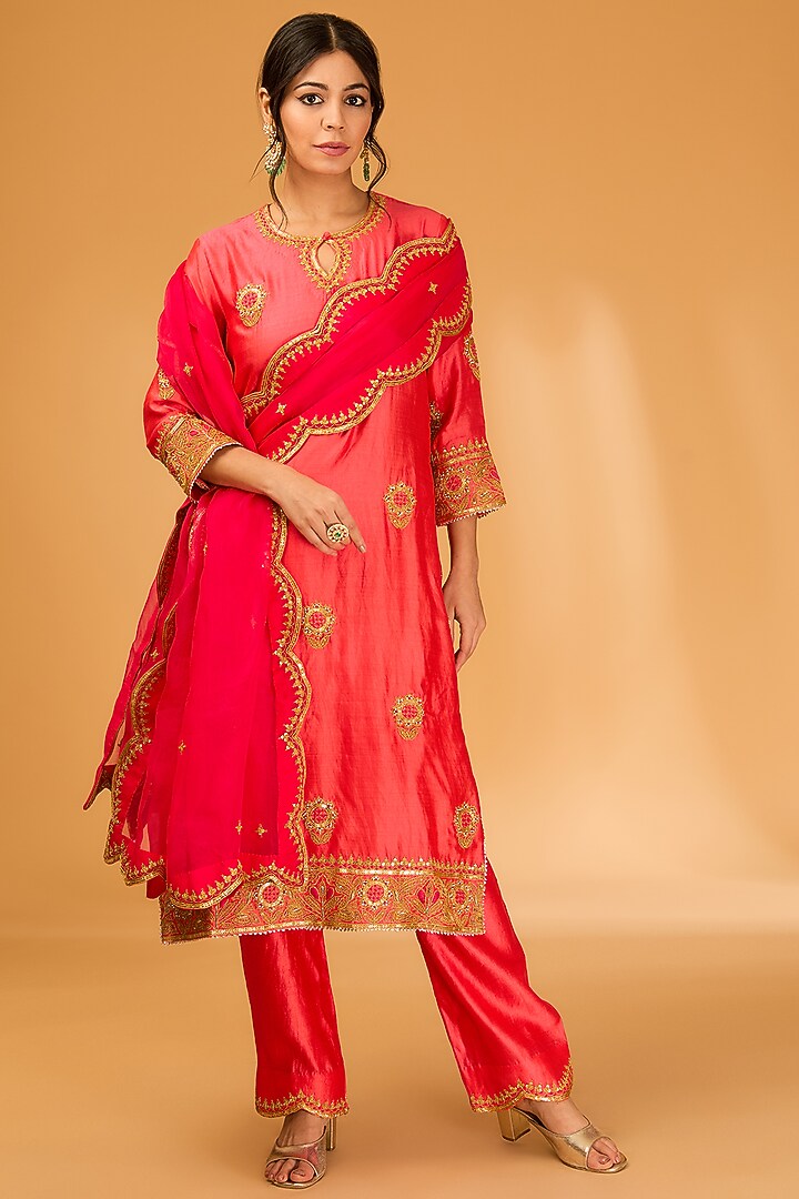 Coral Spun Silk Marori & Pearl Embroidered Kurta Set by SURBHI SHAH at Pernia's Pop Up Shop