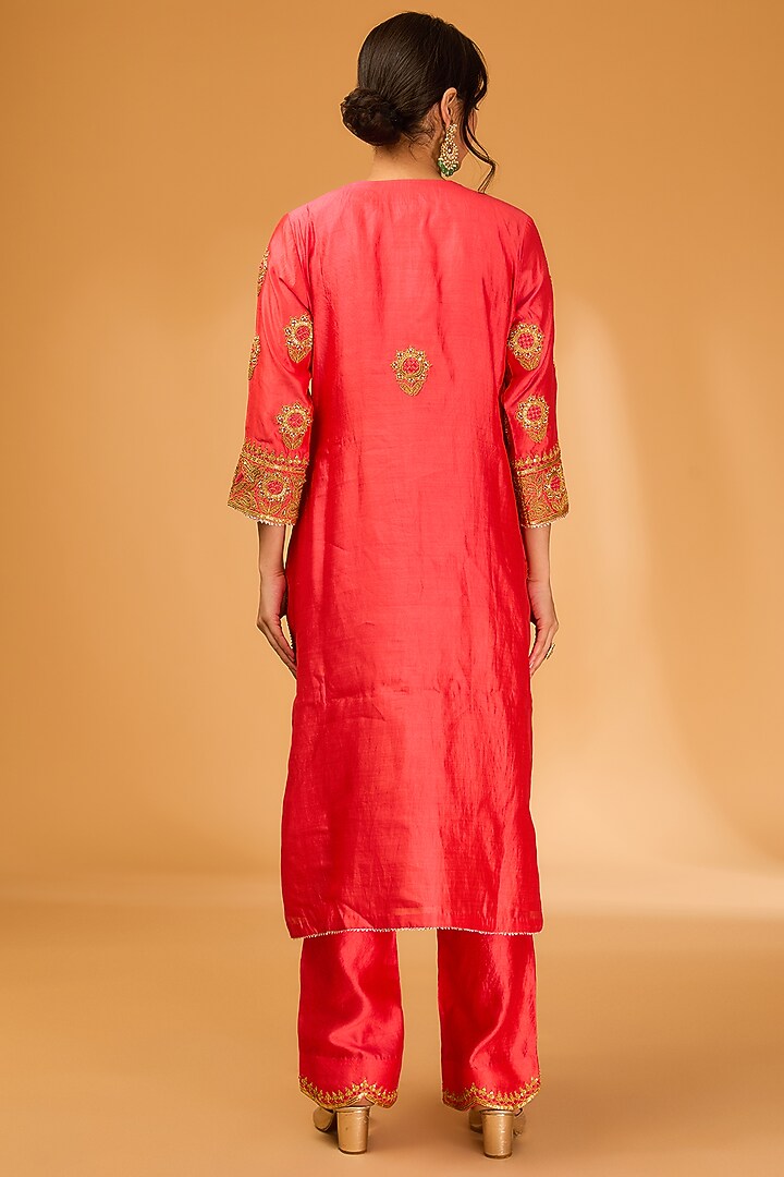 Coral Spun Silk Marori & Pearl Embroidered Kurta Set by SURBHI SHAH at Pernia's Pop Up Shop