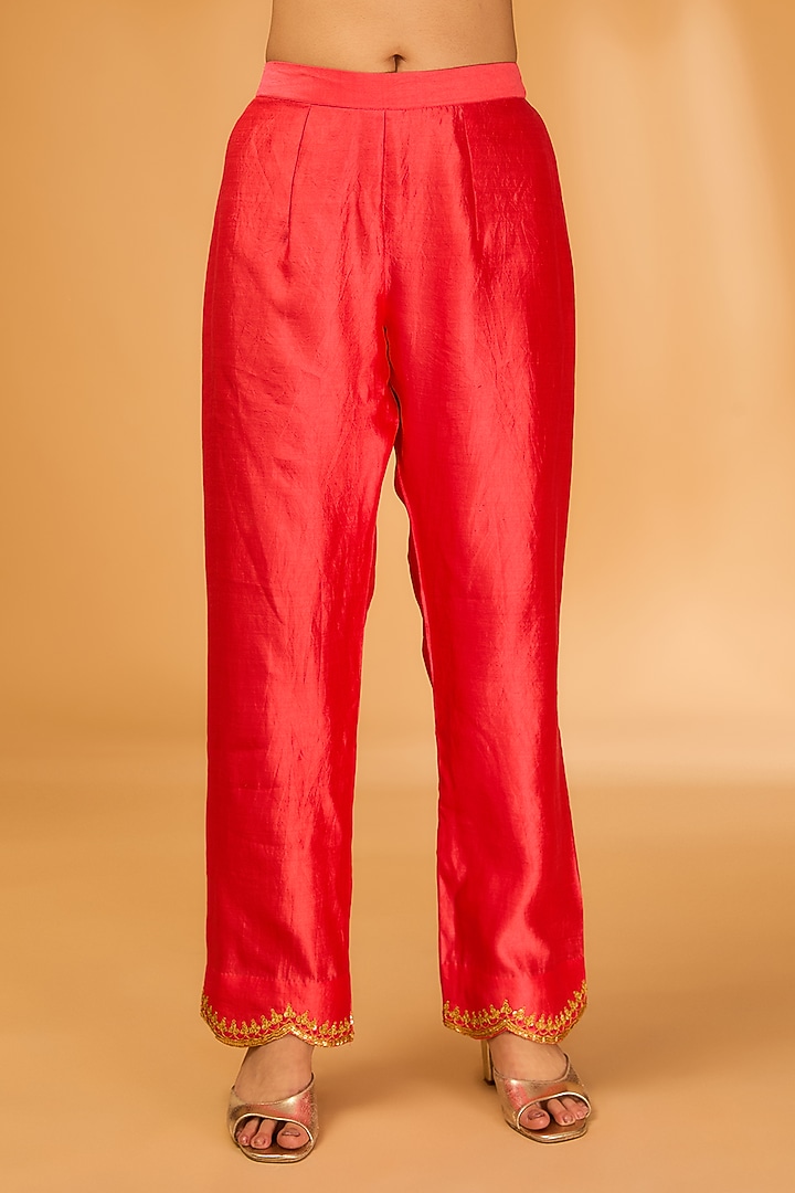 Coral Spun Silk Marori & Pearl Embroidered Kurta Set by SURBHI SHAH at Pernia's Pop Up Shop