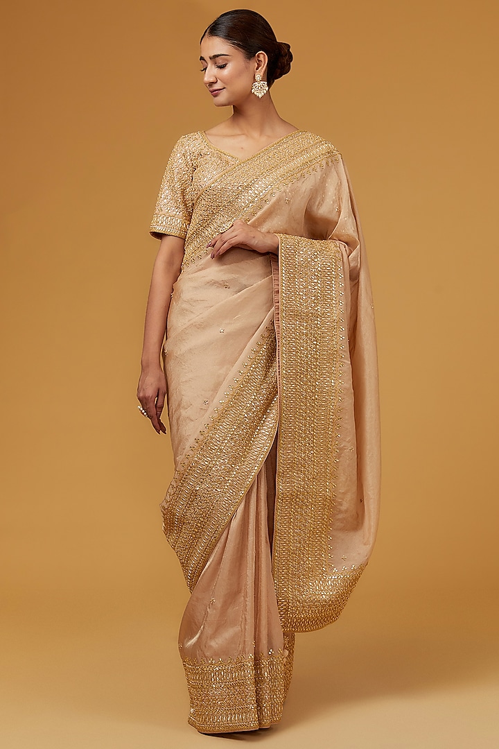Dull Gold Spun Silk Gota Work Saree Set by SURBHI SHAH