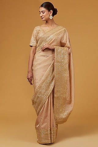 Dull Gold Spun Silk Gota Work Saree Set by SURBHI SHAH