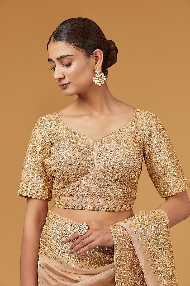 Dull Gold Spun Silk Gota Work Reception Saree Set by SURBHI SHAH at Pernia's Pop Up Shop