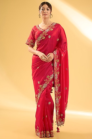 Red Kora Silk Zardosi Work Saree Set by Surbhi Shah