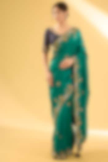 Emerald Green Kora Silk Zardosi Work Saree Set by Surbhi Shah at Pernia's Pop Up Shop