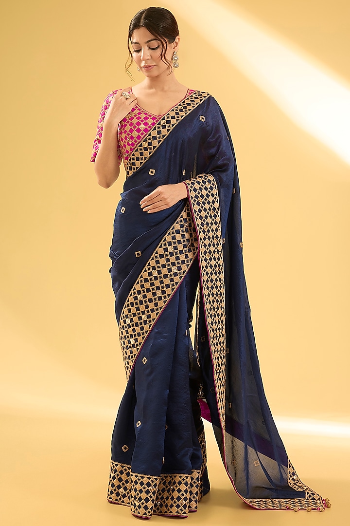 Navy Blue Kora Silk Mukaish & Marodi Work Saree Set by Surbhi Shah at Pernia's Pop Up Shop