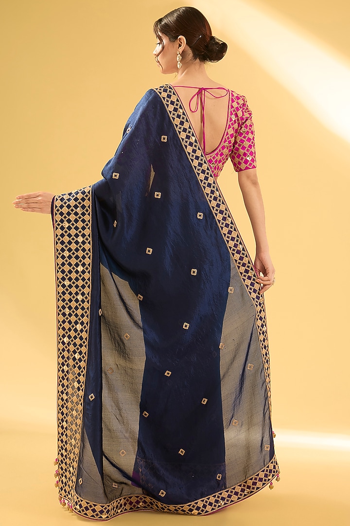 Navy Blue Kora Silk Mukaish & Marodi Work Reception Saree Set by Surbhi Shah at Pernia's Pop Up Shop