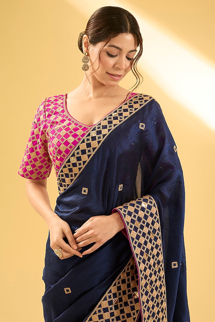 Navy Blue Kora Silk Mukaish & Marodi Work Reception Saree Set by Surbhi Shah at Pernia's Pop Up Shop