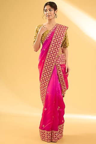 Red & Rani Pink Kora Silk Mukaish Work Saree Set by Surbhi Shah