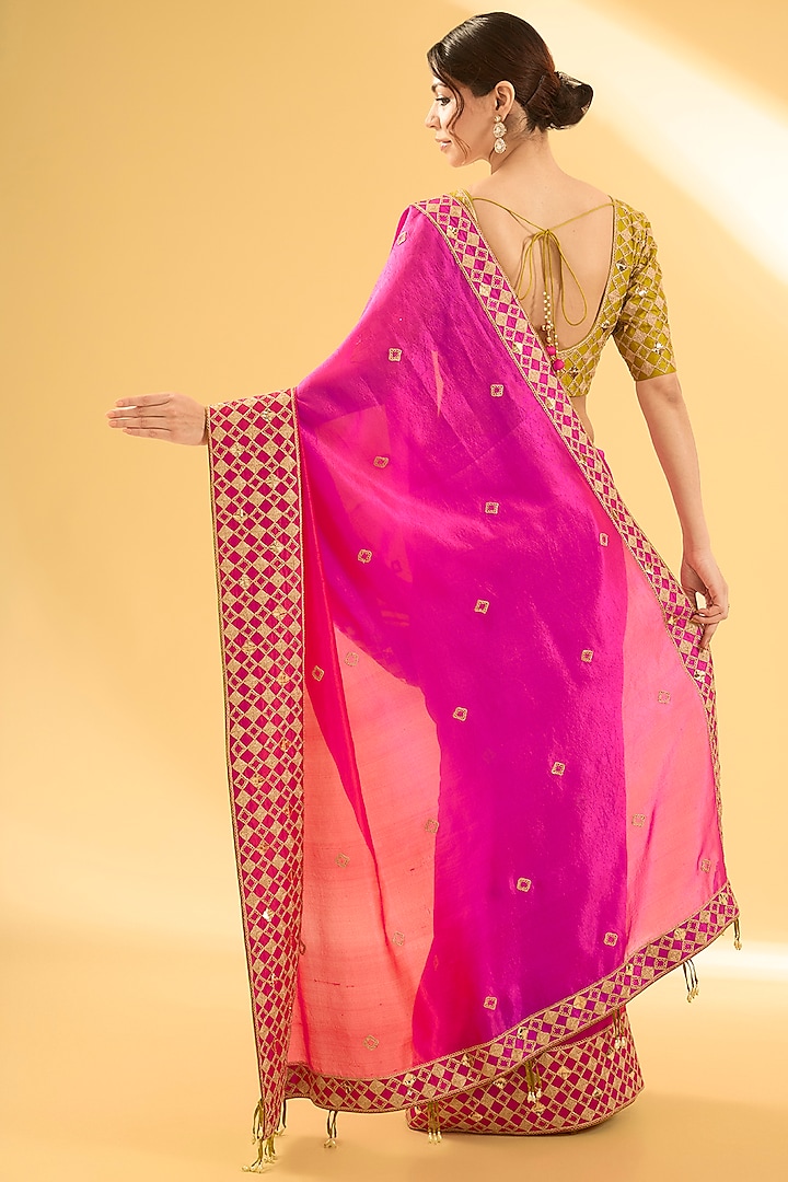 Red & Rani Pink Kora Silk Mukaish Work Reception Saree Set by Surbhi Shah at Pernia's Pop Up Shop