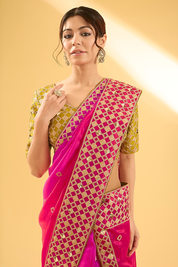 Red & Rani Pink Kora Silk Mukaish Work Reception Saree Set by Surbhi Shah at Pernia's Pop Up Shop