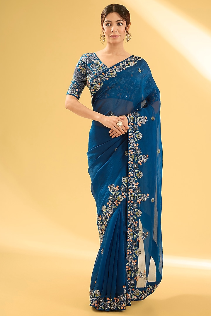 Teal Blue Organza Sequins & Resham Work Saree Set by Surbhi Shah at Pernia's Pop Up Shop