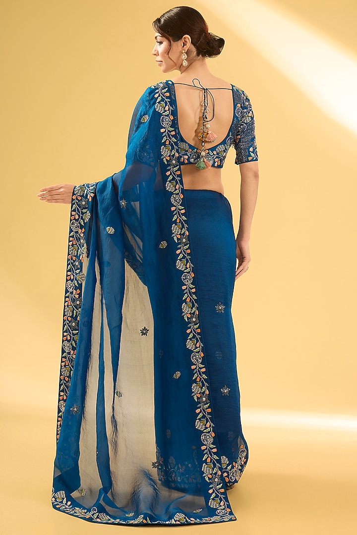 Teal Blue Organza Sequins & Resham Work Wedding Saree Set by Surbhi Shah at Pernia's Pop Up Shop