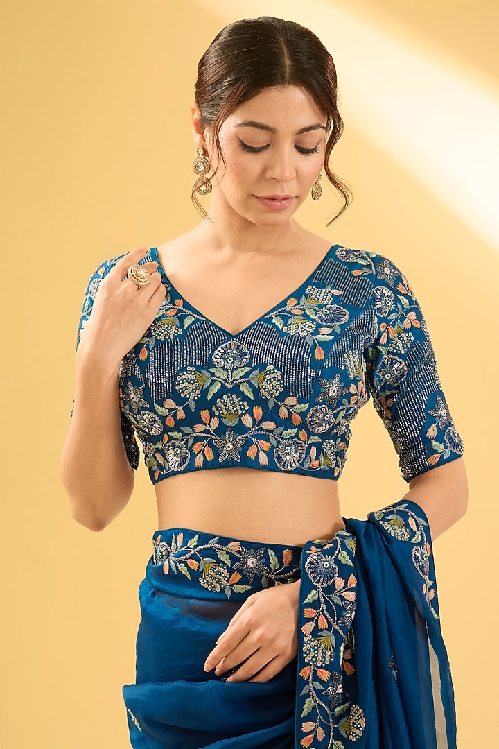 Teal Blue Organza Sequins & Resham Work Wedding Saree Set by Surbhi Shah at Pernia's Pop Up Shop