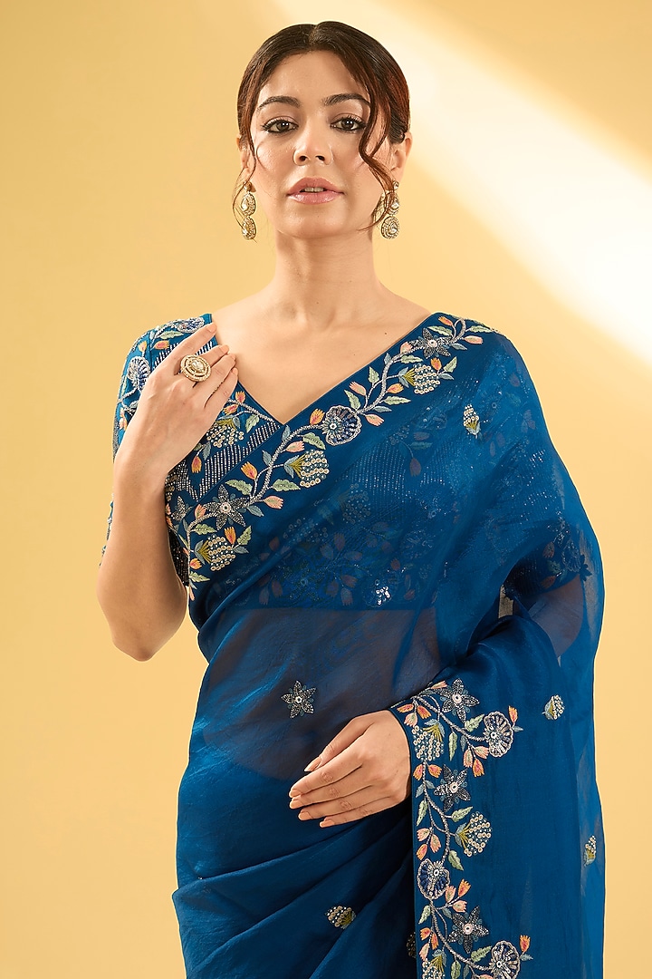 Teal Blue Organza Sequins & Resham Work Wedding Saree Set by Surbhi Shah at Pernia's Pop Up Shop