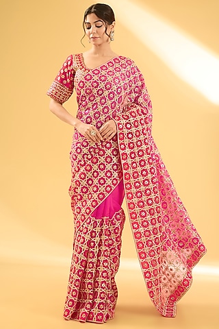 Red & Rani Pink Organza Gota Patti Work Saree Set by Surbhi Shah