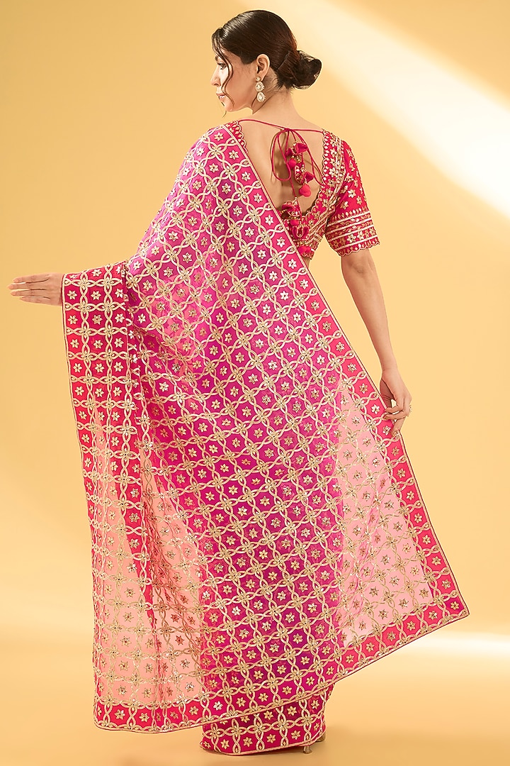 Red & Rani Pink Organza Gota Patti Work Reception Saree Set by Surbhi Shah at Pernia's Pop Up Shop
