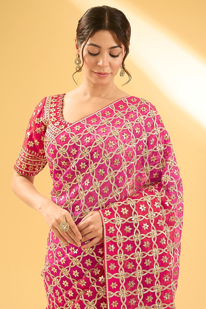Red & Rani Pink Organza Gota Patti Work Reception Saree Set by Surbhi Shah at Pernia's Pop Up Shop