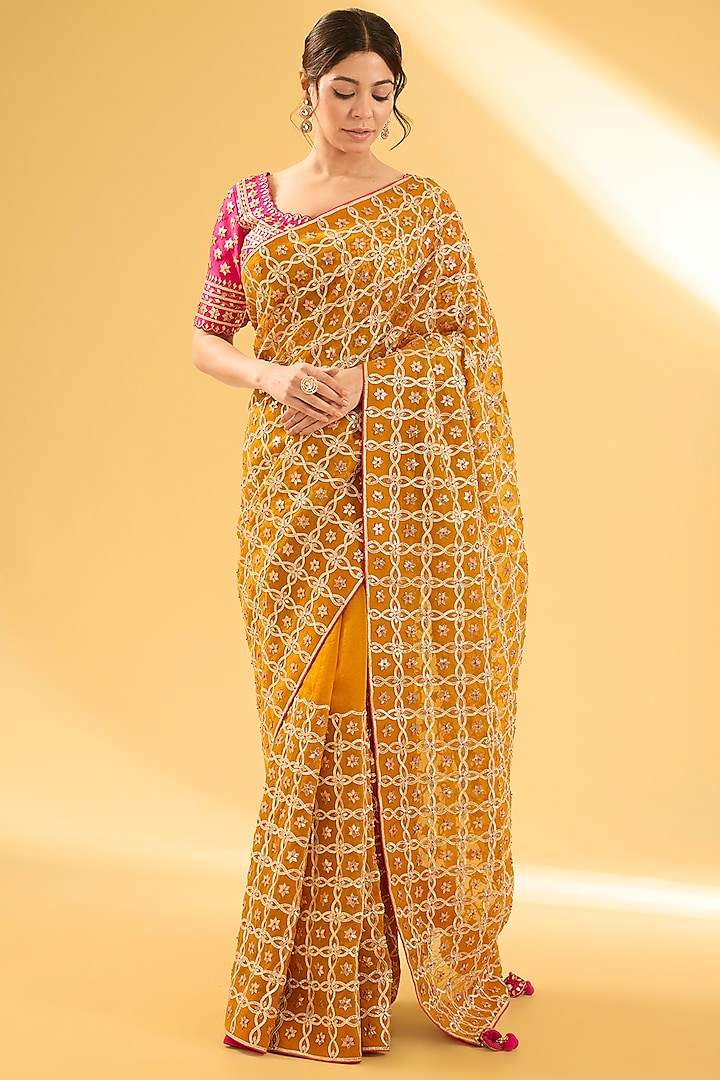 Mustard Yellow Organza Gota Patti Work Saree Set by Surbhi Shah at Pernia's Pop Up Shop