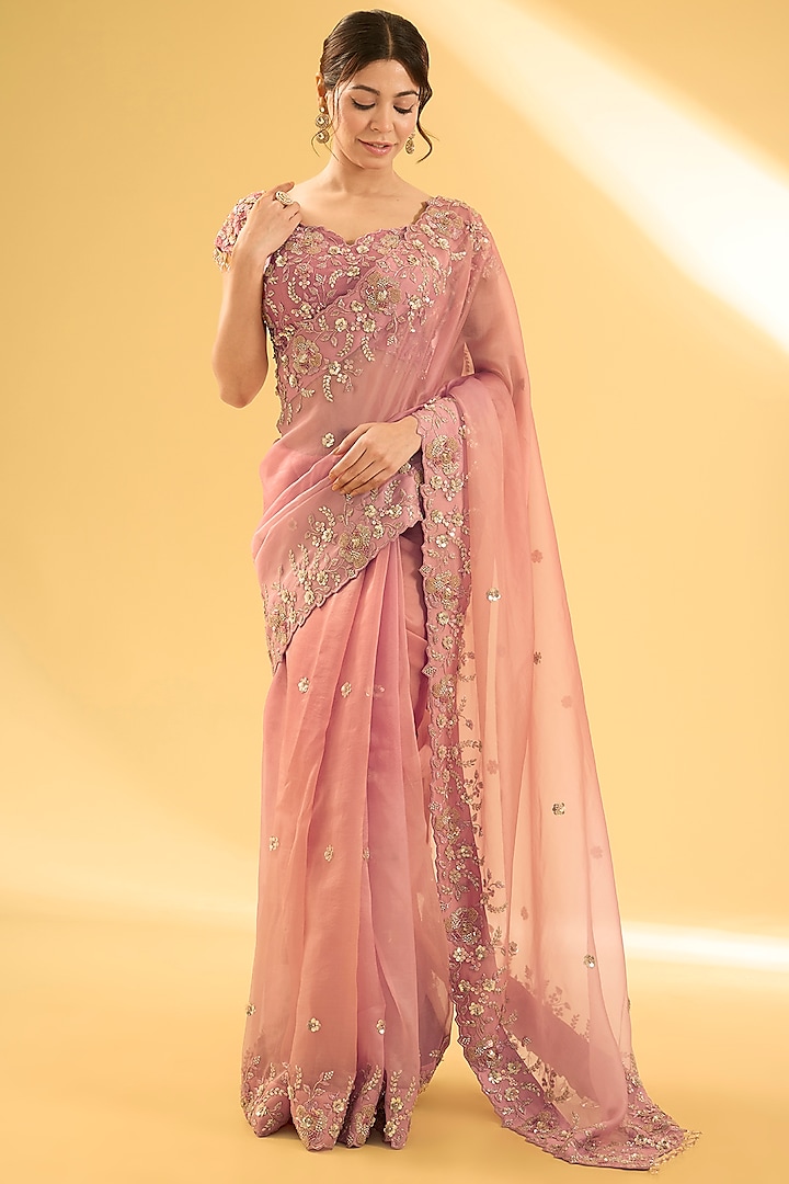 Old Rose Gold Satin Organza Sequins Work Saree Set by Surbhi Shah at Pernia's Pop Up Shop