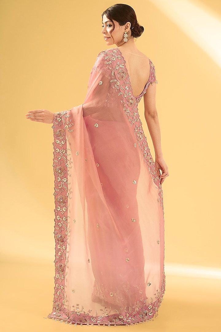 Old Rose Gold Satin Organza Sequins Work Reception Saree Set by Surbhi Shah at Pernia's Pop Up Shop