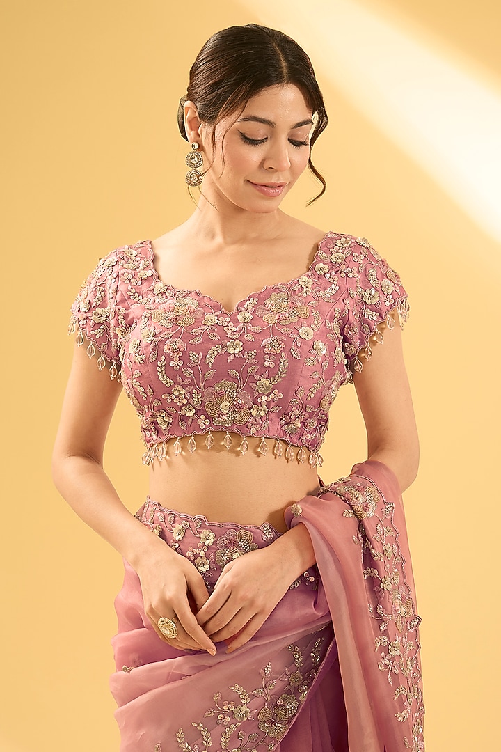 Old Rose Gold Satin Organza Sequins Work Reception Saree Set by Surbhi Shah at Pernia's Pop Up Shop