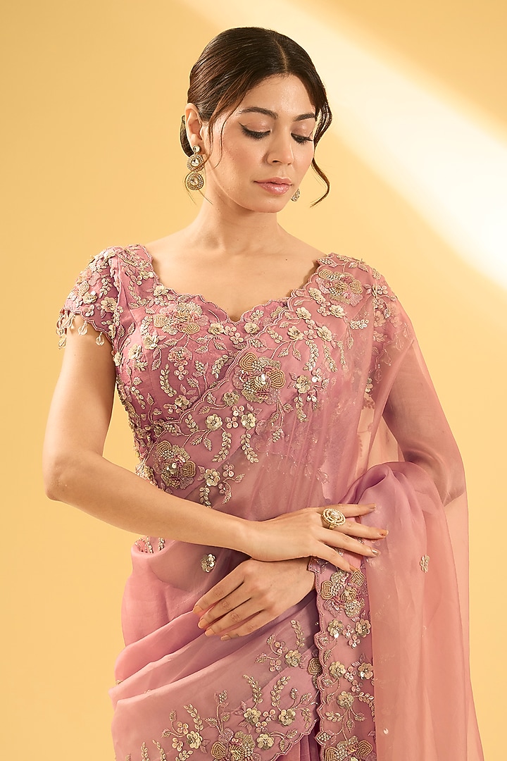 Old Rose Gold Satin Organza Sequins Work Reception Saree Set by Surbhi Shah at Pernia's Pop Up Shop