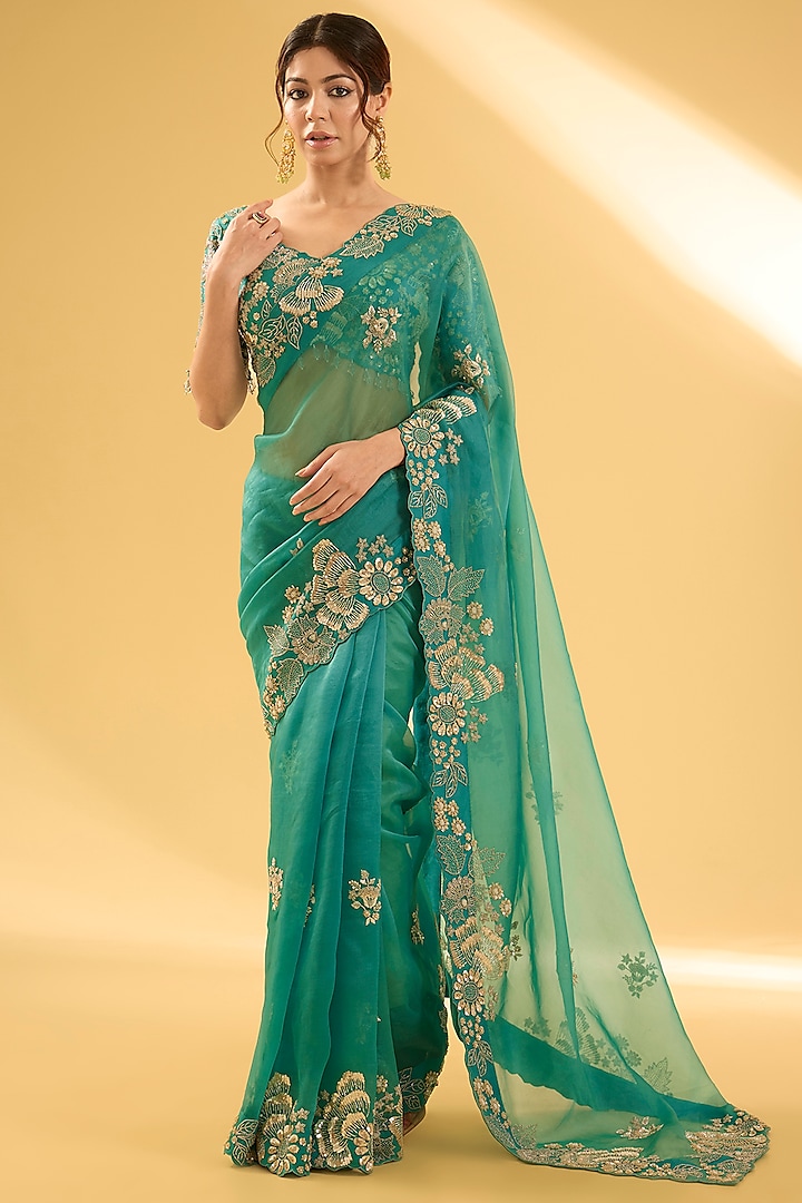 Sea Blue Organza Sequins Work Saree Set by Surbhi Shah at Pernia's Pop Up Shop