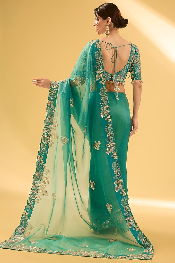 Sea Blue Organza Sequins Work Reception Saree Set by Surbhi Shah at Pernia's Pop Up Shop