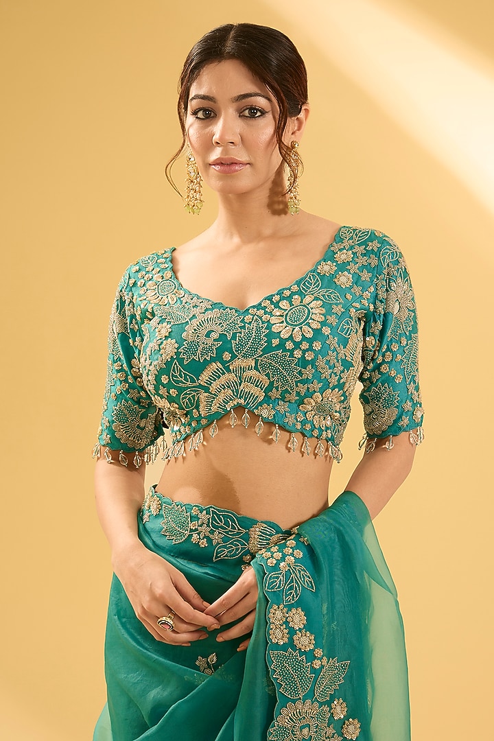 Sea Blue Organza Sequins Work Reception Saree Set by Surbhi Shah at Pernia's Pop Up Shop