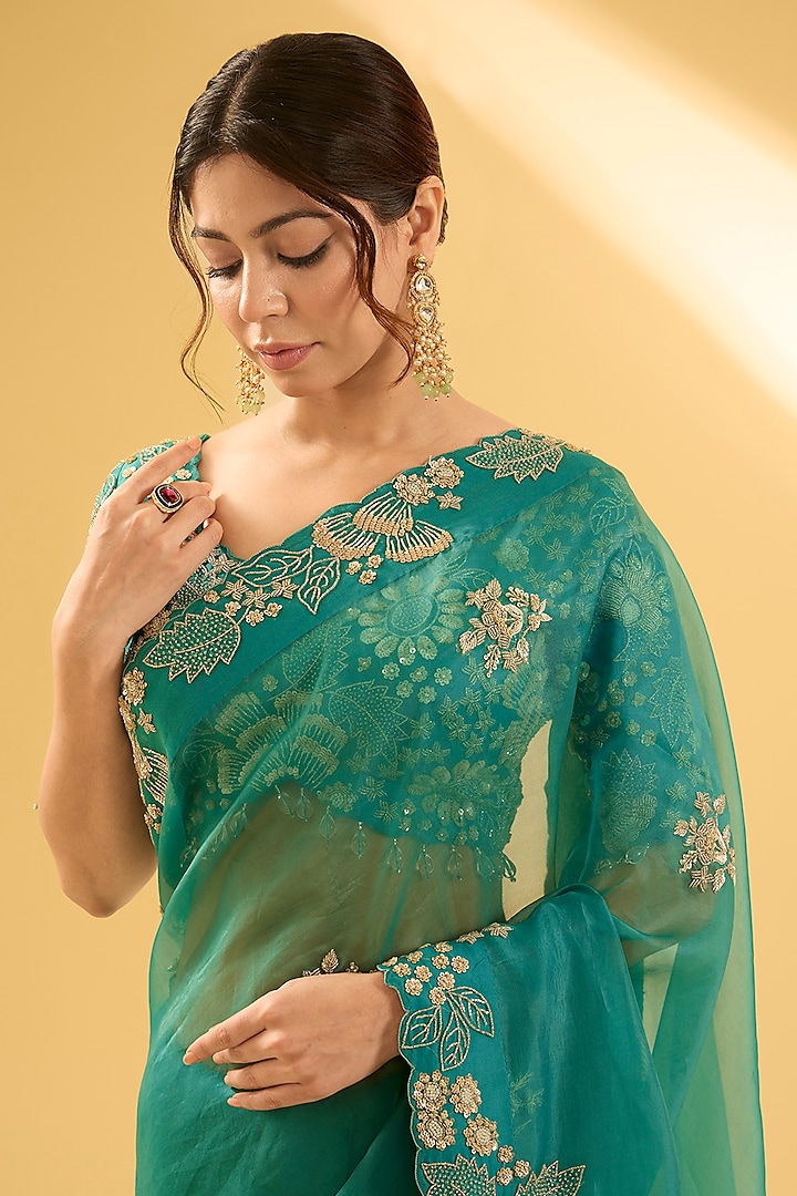 Sea Blue Organza Sequins Work Reception Saree Set by Surbhi Shah at Pernia's Pop Up Shop