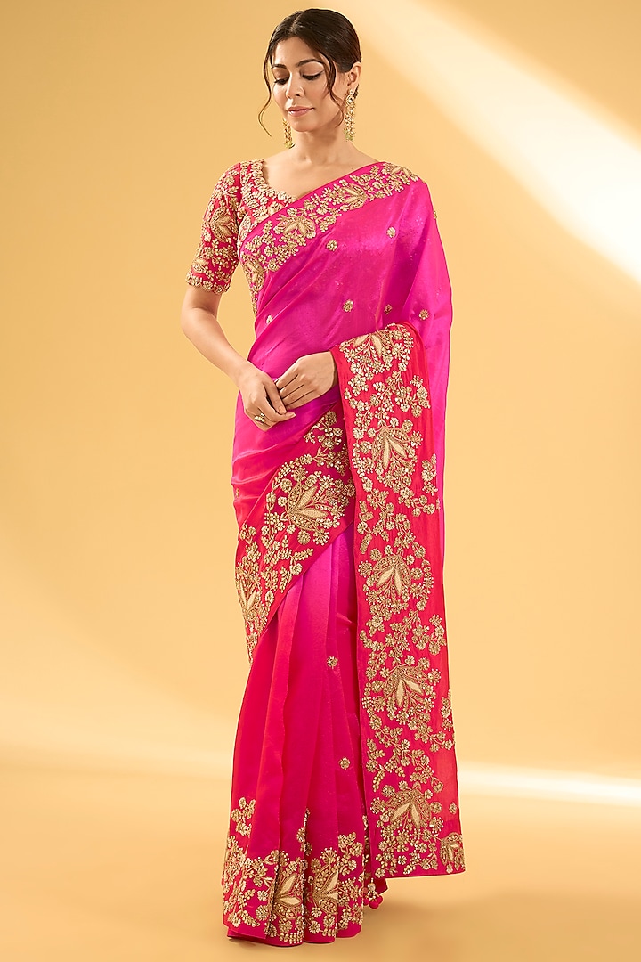 Red & Rani Pink Kora Silk Moti Work Saree Set by Surbhi Shah at Pernia's Pop Up Shop