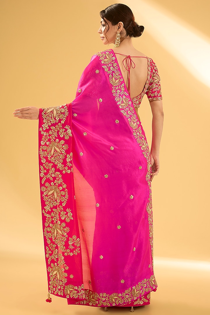 Red & Rani Pink Kora Silk Moti Work Reception Saree Set by Surbhi Shah at Pernia's Pop Up Shop