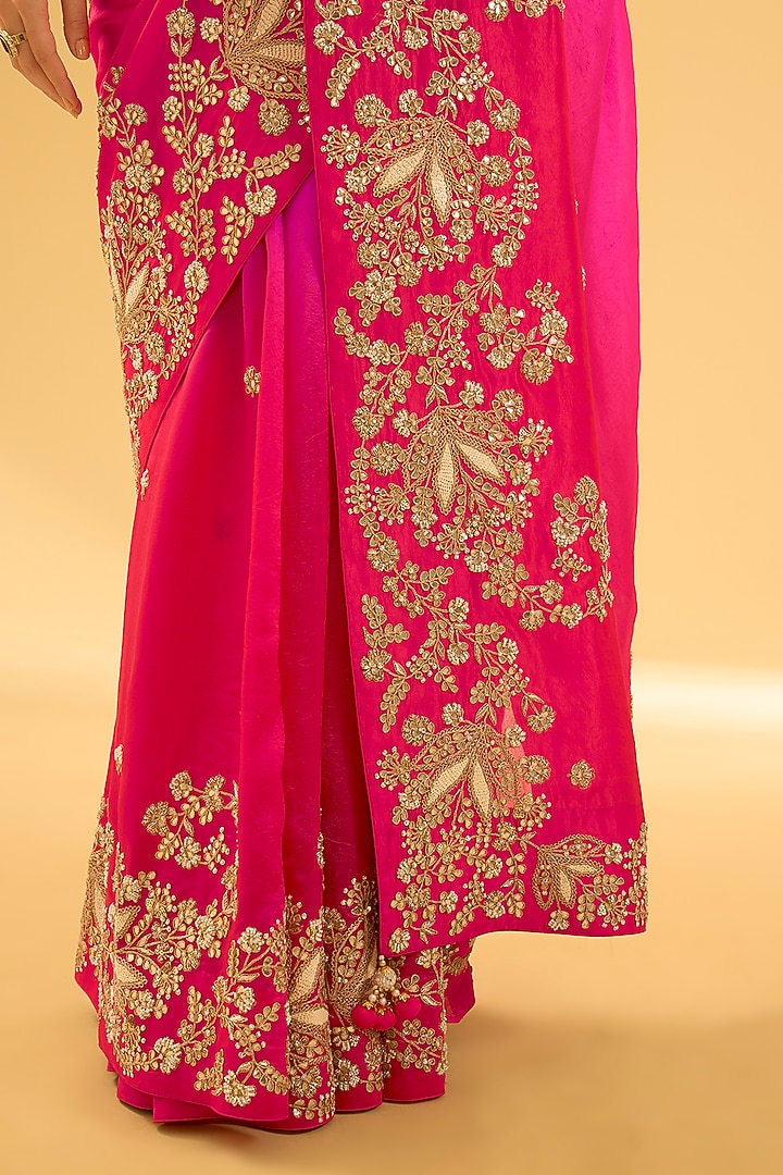 Red & Rani Pink Kora Silk Moti Work Reception Saree Set by Surbhi Shah at Pernia's Pop Up Shop