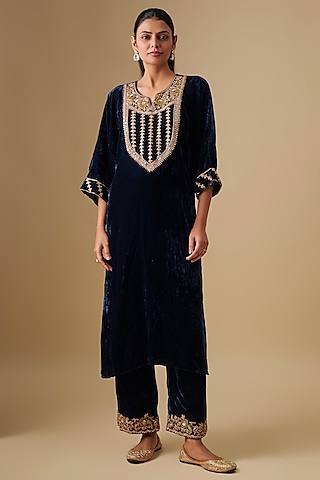 Navy Blue Velvet Zardosi Work Kurta Set by SURBHI SHAH