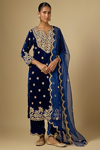Navy Blue Velvet Pearl Work Kurta Set by SURBHI SHAH