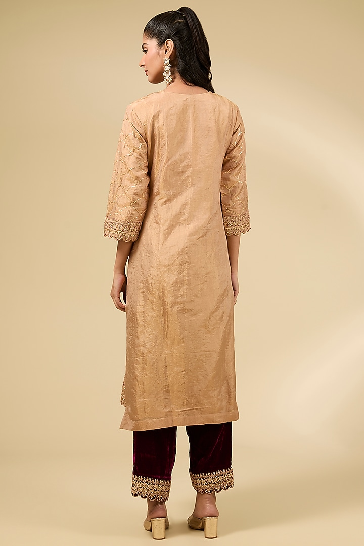 Golden Pure Tissue Sequins Work Kurta Set by SURBHI SHAH at Pernia's Pop Up Shop