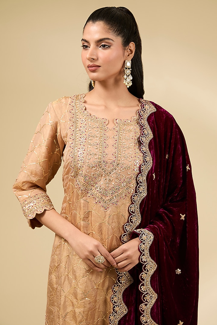 Golden Pure Tissue Sequins Work Kurta Set by SURBHI SHAH at Pernia's Pop Up Shop